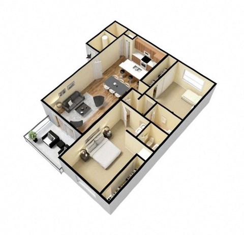 Floor plan for 2 beds, 2 baths, 1043 sqft
